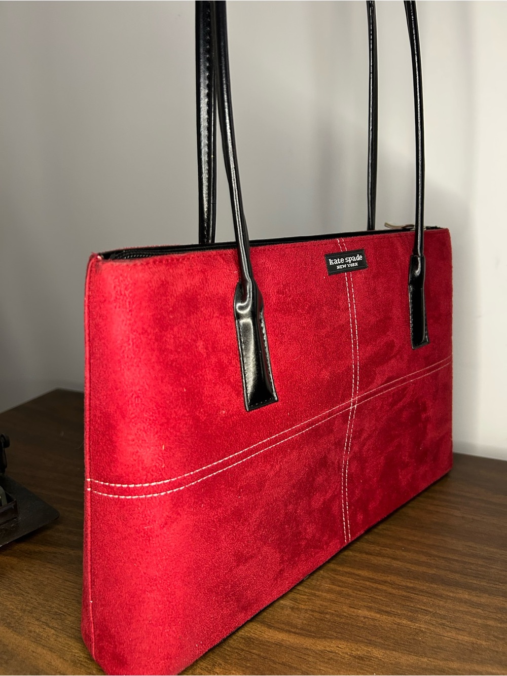 Kate Spade New York Vintage Red/Burgundy Suede Contrast Stitch Shoulder Tote Bag - Picture 3 of 12
